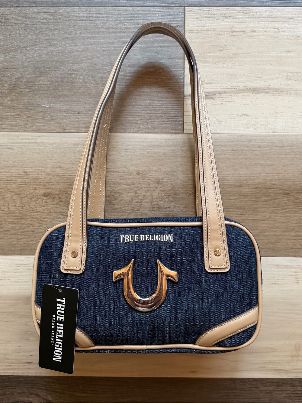 NWT True Religion Denim Shoulder Bag with Tan Trim and Silver Accent
